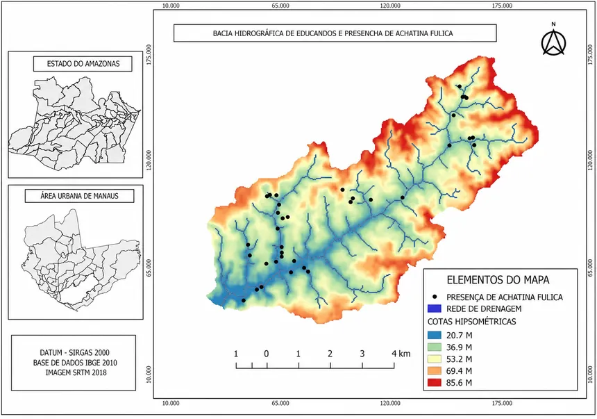 Mapa da bacia hidrográfica de Educandos com rede de drenagem, cotas hipsométricas e pontos de ocorrência registrados.
