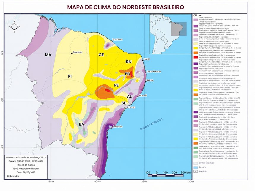 Mapa de clima do Nordeste brasileiro, com classes climáticas por região e legenda detalhada.