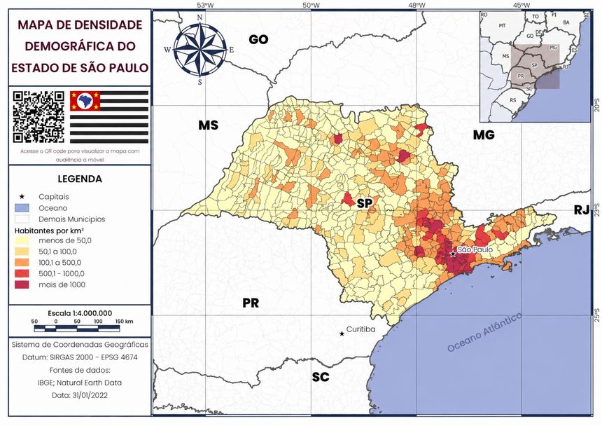 Mapa de densidade demográfica do estado de São Paulo, com classes de habitantes por quilômetro quadrado, legenda, rosa dos ventos e escala.