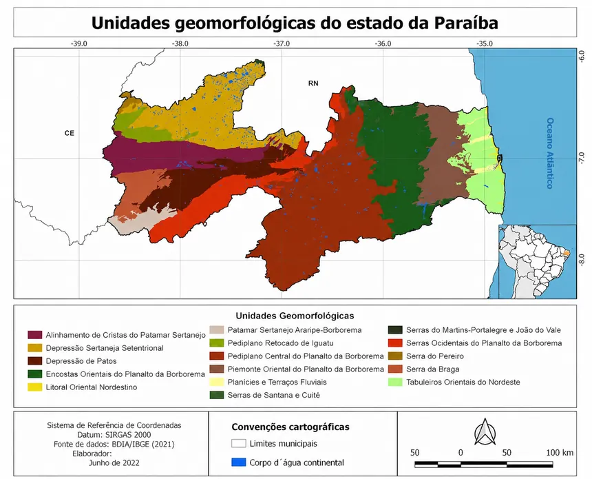 Mapa das unidades geomorfológicas do estado da Paraíba, com legenda categórica de unidades de relevo e convenções cartográficas.