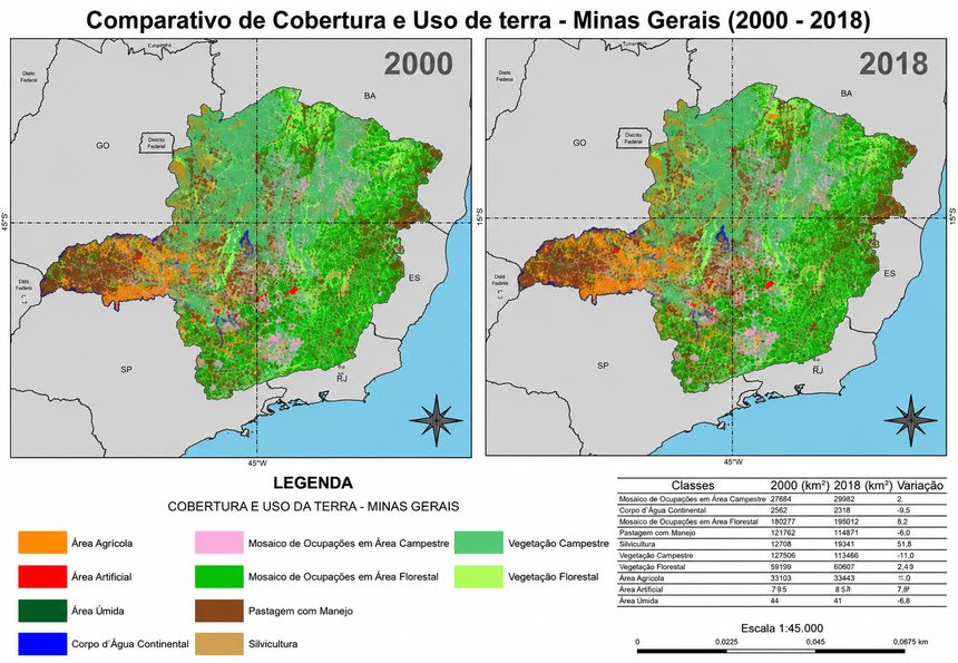 Comparativo de cobertura e uso da terra em Minas Gerais entre 2000 e 2018, com dois mapas lado a lado, legenda de classes e tabela de variação de área.